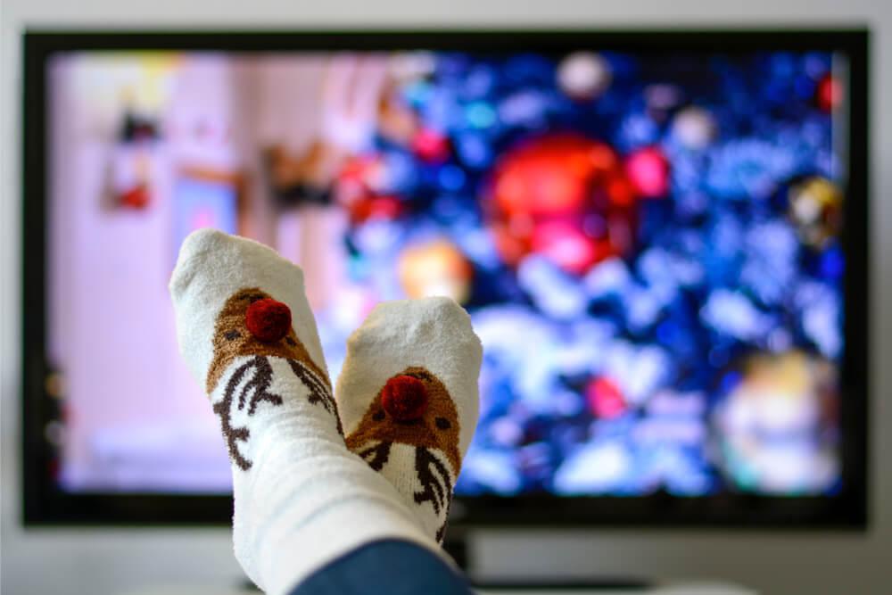 Christmas socks in front of TV